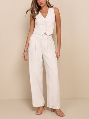 Lulus Suits You Perfectly Beige Linen Wide-leg Pants - Size S